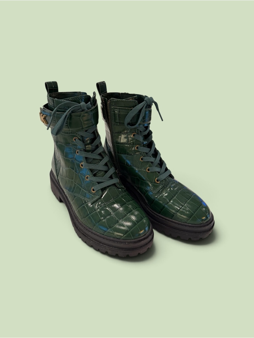 Michael Kors Haskell Croc Embossed Leather Combat Boots Green Size 8